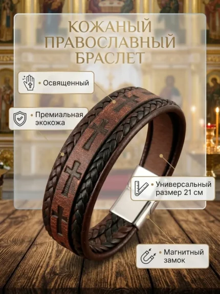 Браслет на руку кожаный православный с крестом, освященный