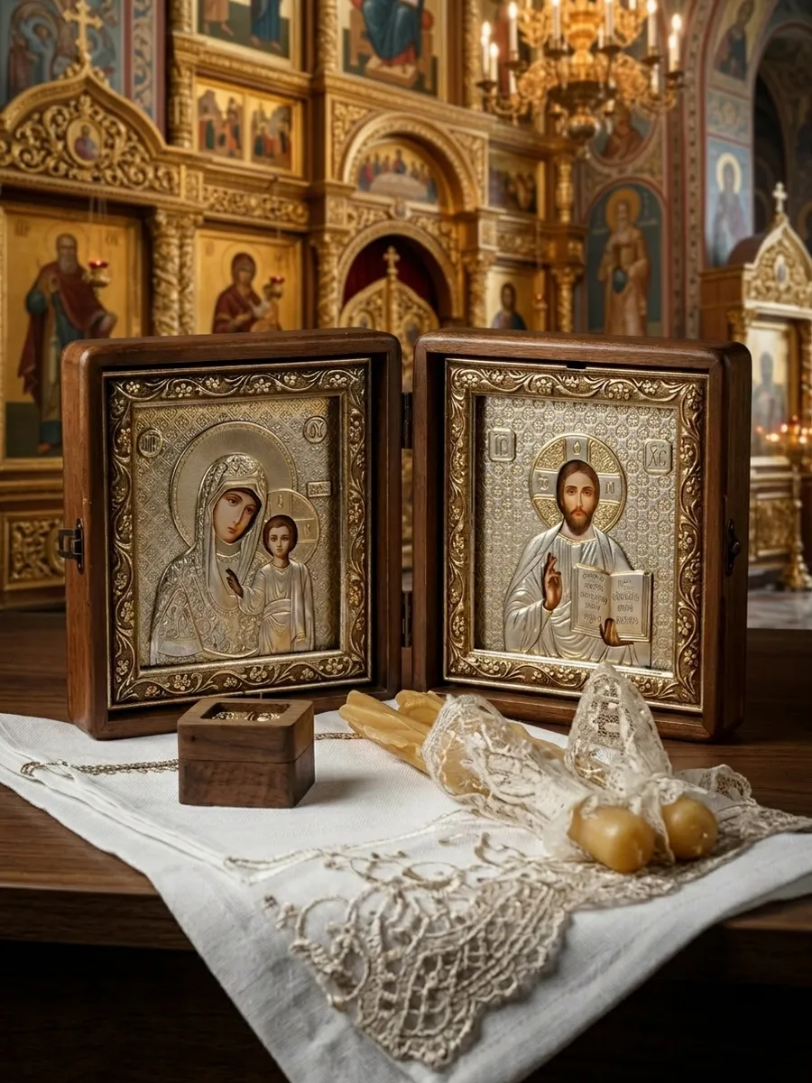 Икона складень венчальный Богородица и Спаситель — изображение 6